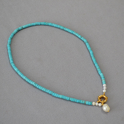 Vintage Bohemian Turquoise Beaded Baroque Pearl Pendant Necklace - Artistic, Elegant, Statement.