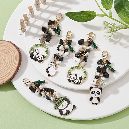 Panda Alloy Enamel Pendant Decorations, Natural Obsidian & Synthetic White Howlite Chip Beads and 304 Stainless Steel Lobster Claw Clasps Charms