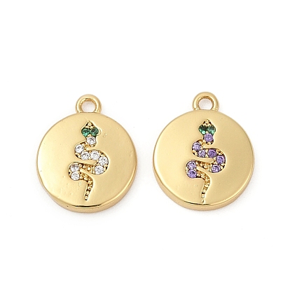 Латунные микро проложить кубического циркония прелести, плоский круг с рисунком змеи, без кадмия и без свинца, долговечный, стойки покрытие, реальный 18 k позолоченный