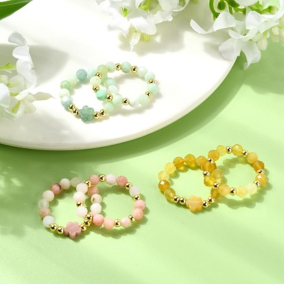 6шт. 3 цвета кольца на палец с натуральными драгоценными камнями, с латунными круглыми разделительными бусинами для крепления на стойке, стрейч-кольца, золотые