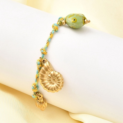 Браслеты с подвесками в форме ракушки 304 из нержавеющей стали, регулируемые браслеты из хлопкового шнура с керамическим узором в виде рыб для женщин, ионное покрытие (ip)