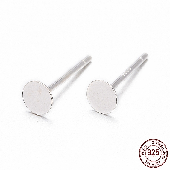 925 Sterling Silver Round Flat Pad Stud Earring Findings, with 925 Stamp