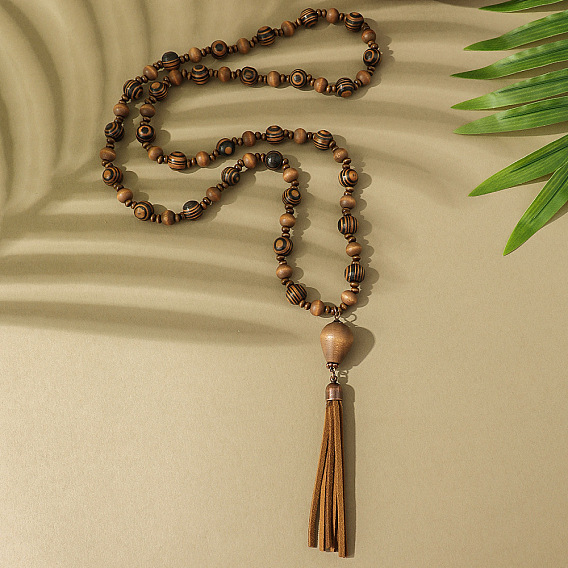 Ожерелья из сплава в стиле бохо с круглыми бусинами в форме капли и кисточками из дерева, Красная медь