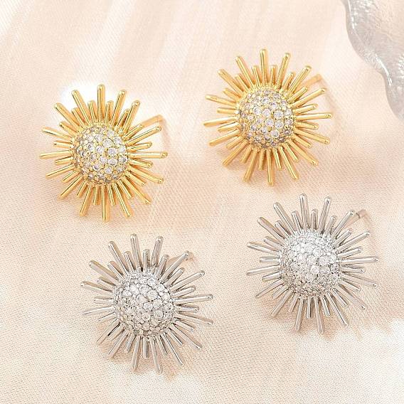 Brass Micro Pave Cubic Zirconia Stud Earrings for Women, Sun, Cadmium Free & Lead Free, Rack Plating