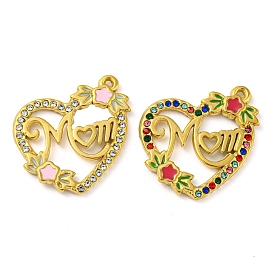 Ion Plating(IP) Real 18K Gold Plated 304 Stainless Steel Rhinestone Pendants, Heart with Word Mom Charms, for Mother's Day