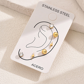 Элегантные 3 пары серег-гвоздиков в форме молнии и круглой 201 формы из нержавеющей стали, с четким кубического циркония