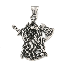 316 Surgical Stainless Steel Pendants, Viking Axe with Valknut & Sword Charm