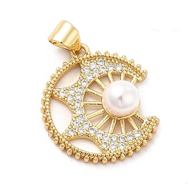 Brass Micro Pave Clear Cubic Zirconia Pendants, with ABS Plastic Imitation Pearl, Golden, Moon Charm
