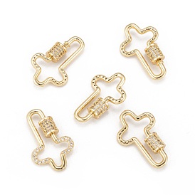 Brass Micro Pave Cubic Zirconia Screw Carabiner Lock Charms, for Necklaces Making, Cross