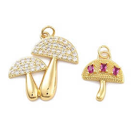 Rack Plating Brass Micro Pave Cubic Zirconia Pendants, Long-Lasting Plated, Lead Free & Cadmium Free, Mushroom