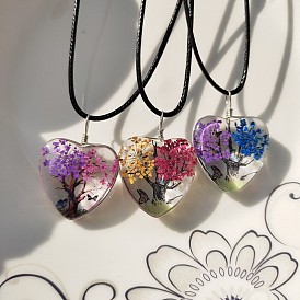 Прозрачное стекло с подвеской в форме сердца в форме дерева жизни, засушенным цветком, ожерелье из черного вощеного шнура