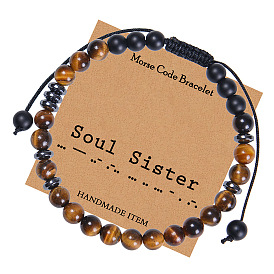 Soul Sister Morse Code Bracelet with Black Magnetic Hematite and Tiger Eye Stones