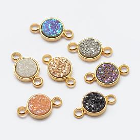 Electroplated Natural Druzy Agate Links Connectors, with Brass Findings, Flat Round, Golden