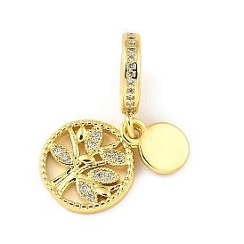 Rack Plating Brass Micro Pave Cubic Zirconia Pendant, Long-Lasting Plated, Lead Free & Cadmium Free, Flat Round with Tree
