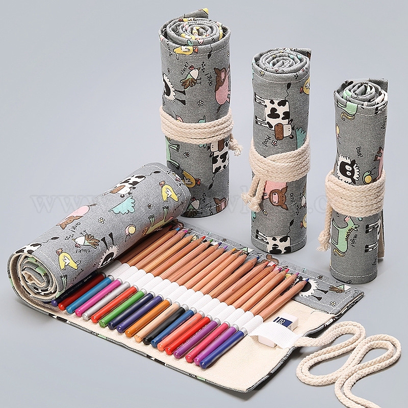 Fábrica de China Envoltura de rollo de lápiz lona hecha a mano con patrón de vaca, Estuche enrollable para lápices de colores 23x20 cm granel en línea -