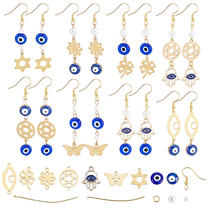 SUNNYCLUE DIY Evil Eye Drop Earring Making Kit, Including 201 Stainless Steel Links, 304 Stainless Steel & Alloy  Pendants, Lampwork & Alloy Enamel & Glass Pearl Beads, Brass Earring Findings