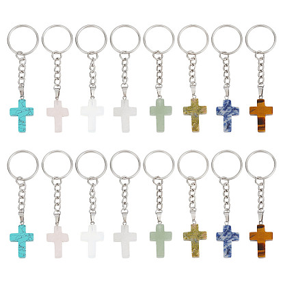 16шт 8 стили драгоценный камень крест брелок, с железными разрезными брелоками