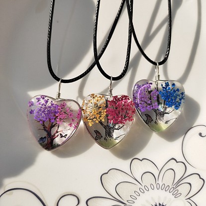 Прозрачное стекло с подвеской в форме сердца в форме дерева жизни, засушенным цветком, ожерелье из черного вощеного шнура