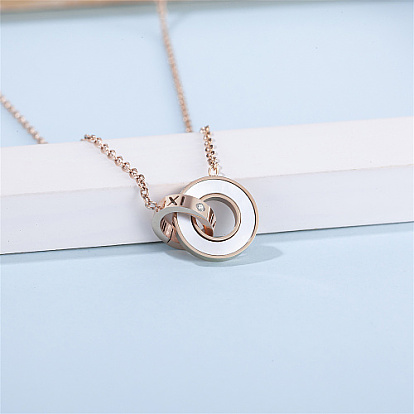 Roman Numerals Natual Shell Interlocking Rings Pendant Necklace with Stainless Steel Cable Chains