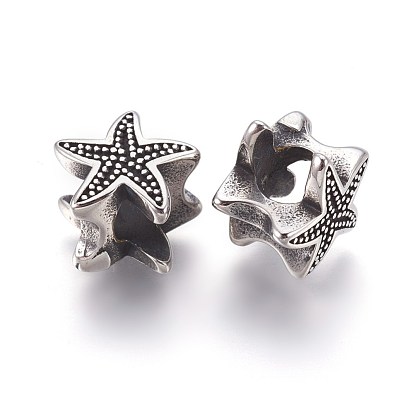 304 Stainless Steel European Beads, Large Hole Beads, Starfish/Sea Stars