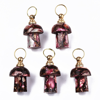 Assembled Synthetic Bronzite and Imperial Jasper Openable Perfume Bottle Pendants, with Light Gold Brass Findings, Dyed, Mushroom