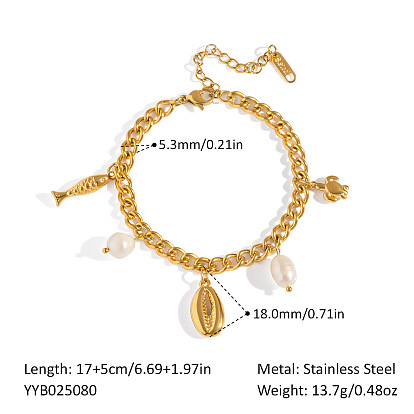 Летний пляж 304 Браслеты с подвесками из нержавеющей стали и натурального жемчуга для женщин, золотые