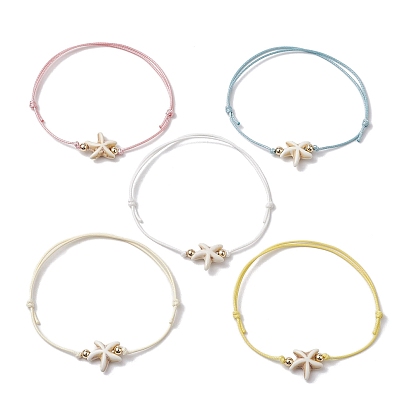 Плетеные браслеты из вощеного полиэстера с бусинами, с синтетическими бирюзовых бус, морская звезда / морские звезды