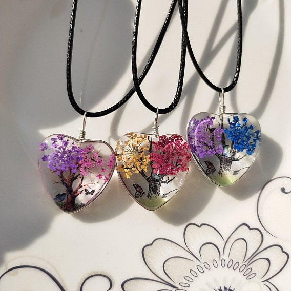 Прозрачное стекло с подвеской в форме сердца в форме дерева жизни, засушенным цветком, ожерелье из черного вощеного шнура