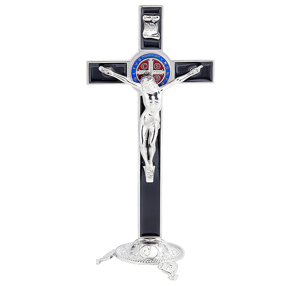 Décorations de crucifix de saint Benoît en alliage émaillé, avec base, pour les décorations de maison d'église