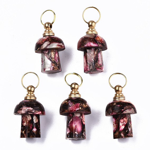 Assembled Synthetic Bronzite and Imperial Jasper Openable Perfume Bottle Pendants, with Light Gold Brass Findings, Dyed, Mushroom