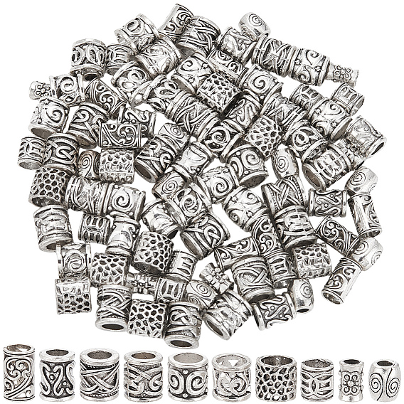 100Pcs 10 Styles Tibetan Style Zinc Alloy Beads, Column