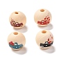 Printed Wood European Beads, Large Hole Beads, Round with Car and Heart Pattern