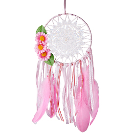 SUNNYCLUE DIY Woven Net/Web with Feather Making Set, with Ribbon, Feather, Lace, Iron Ring and Cloth Flower and Plastic Sticks