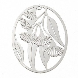 201 Stainless Steel Pendants, Etched Metal Embellishments, Oval with Leaf Charm