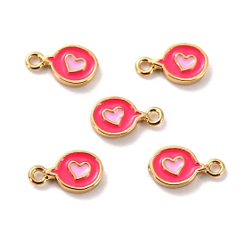 Brass Enamel Pendants, Long-Lasting Plated, Cadmium Free & Lead Free, Real 18K Gold Plated, Flat Round with Heart