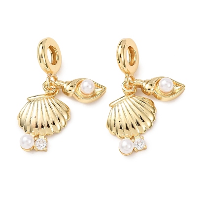 Подвески из латуни с прозрачными кубическими циркониями в европейском стиле., Подвески в форме ракушки с большим отверстием и жемчужиной из АБС-пластика., белые