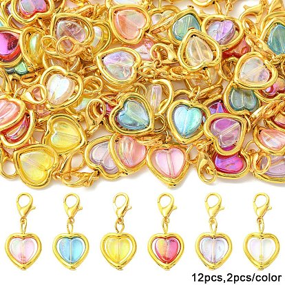 12 piezas 6 colores acrílicos y adornos colgantes de aleación, con broches de langosta de la aleación de la garra, corazón, dorado