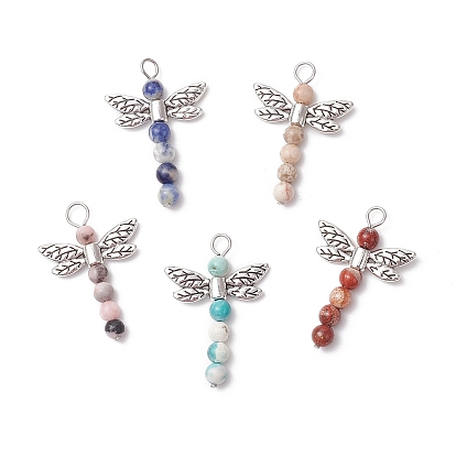 5 шт. 5 стили подвески из бусинок в виде стрекозы из натурального содалита, майфанита, розовой зебровой яшмы, красной яшмы и окрашенного магнезита, с крыльями из сплава в тибетском стиле и 304 петлями из нержавеющей стали