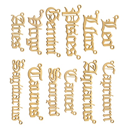 12Pcs 12 Style 201 Stainless Steel Links, Twelve Constellations, Old English, Laser Cut