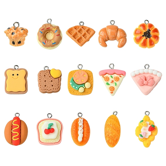 15 шт 15 стили подвески из непрозрачной смолы, с платиновыми тоновыми железными петлями, имитация еды очарование