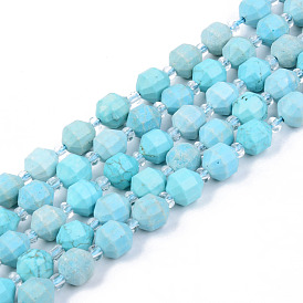Natural Howlite Beads Strands, with Round Seed Beads, Dyed & Heated, Turquoise, Round, Faceted