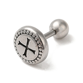 304 Stainless Steel Stud Earrings, Barbell Cartilage Earrings, Flat Round with Cross