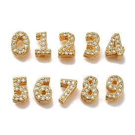 Rack Plating Number Brass Micro Pave Clear Cubic Zirconia Silde Charms, Long-Lasting Plated, Lead Free & Cadmium Free, Large Hole Bead