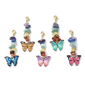 Butterfly Alloy Enamel Pendant Decorations, with Natural Gemstone Chips and 304 Stainless Steel Lobster Claw Clasps