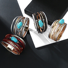 Bracelet multi-rangs simili cuir, avec turquoise synthétique, bracelet style bohème pour femme