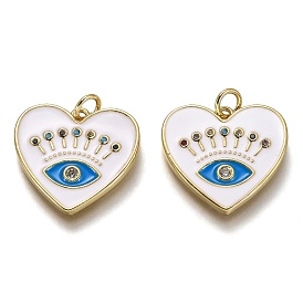 Brass Micro Pave Colorful Cubic Zirconia Pendants, Long-Lasting Plated, with Jump Rings & White and Dodger Blue Enamel, Heart with Eye