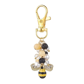 Décorations de pendentif en strass en alliage d'abeilles, avec perles de coquillage et pierres précieuses et fermoirs mousquetons pivotants en alliage