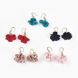 Cloth Pendant Dangle Earrings, with Acrylic and Brass Findings, Flower, Golden