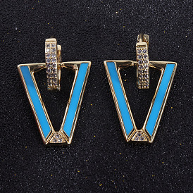 Fashionable Copper Micro-inlaid Earrings for Women, Geometric V-shaped Ear Clips with Diamond-studded Colorful Oil Drip Ear Jewelry.