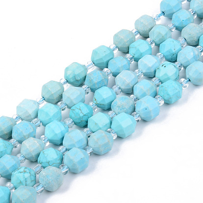 Natural Howlite Beads Strands, with Round Seed Beads, Dyed & Heated, Turquoise, Round, Faceted